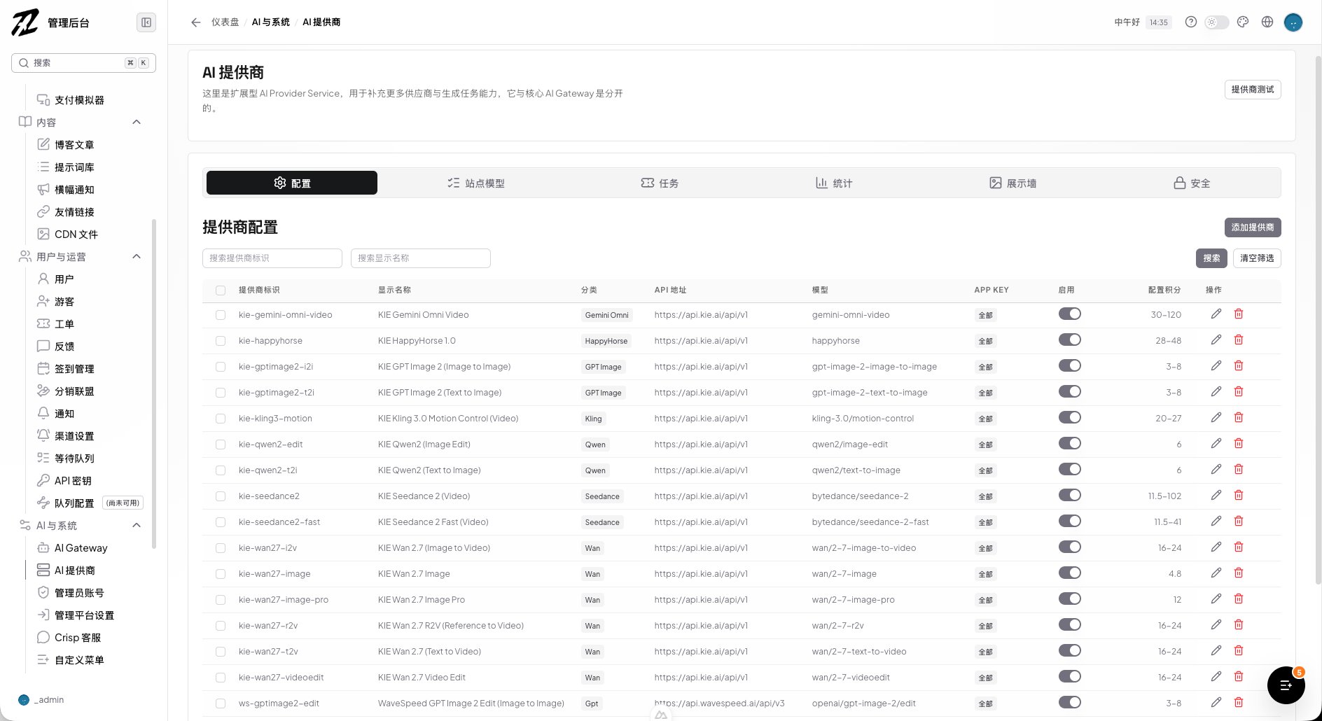 ZShip Admin AI Provider configuration list showing KIE and WaveSpeed AI providers, models, credit costs, and active status