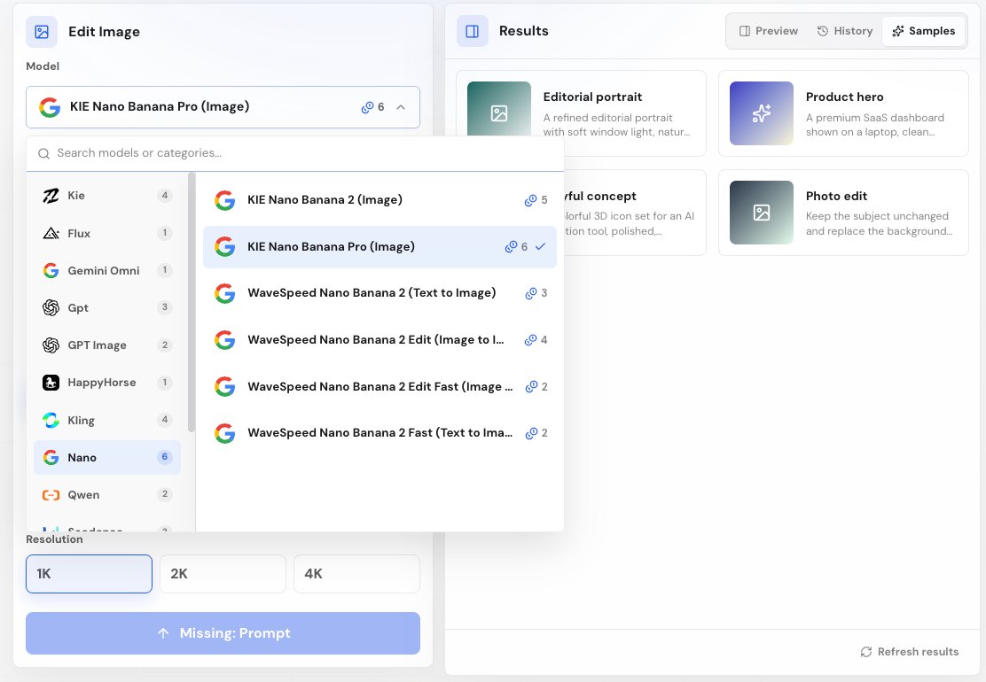 ZShip user image generation workspace showing model categories, provider-backed model selection, resolution options, and sample prompts